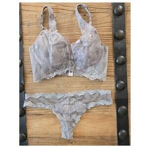 Victoria's Secret Dream Angels Gray Lace Lined Demi Bra and Thong Set 34B/M
